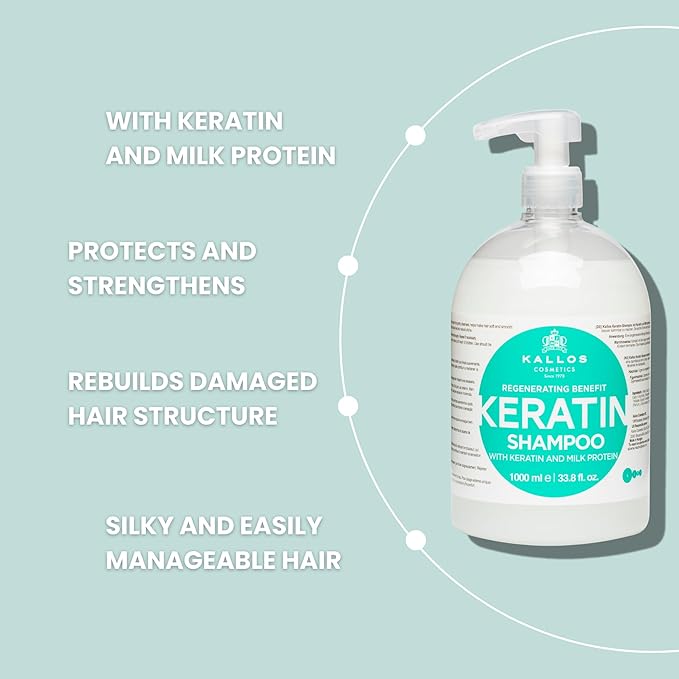 Kallos KJMN Keratin Regenerating Shampoo with keratin and milk protein for dry, damaged and chemically treated hair – Pump 1000 ml - 33,81 Fl Oz