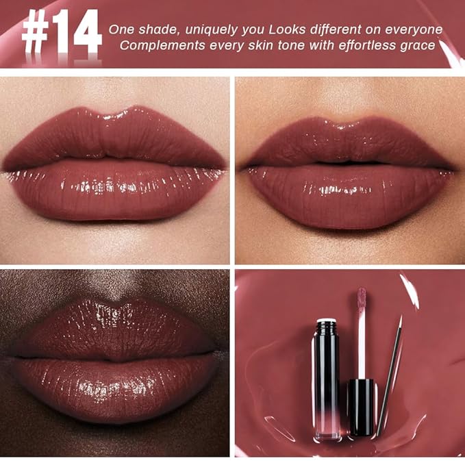 evpct Mauve Nude Shiny Longwear No-Budge Liquid Lip Color Lipstick Makeup, Highly Pigmented Color Instant Shine, Waterproof Long Lasting Lipstick for Women, Lip Stain Gloss with Lip Liner Brush, 14#