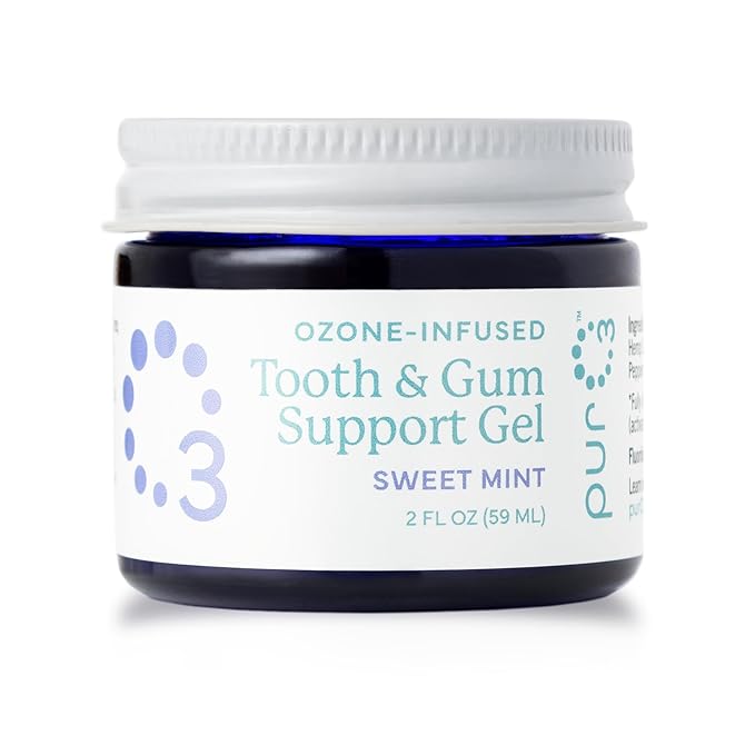 PurO3 Ozone Tooth & Gum Support – Ozonated Organic Olive Oil & Essential Oils for Complete Oral Care & Fresh Breath, Natural Fluoride-Free Solution for Deep Cleaning, Peppermint/Stevia, 2 Fl Oz Gel