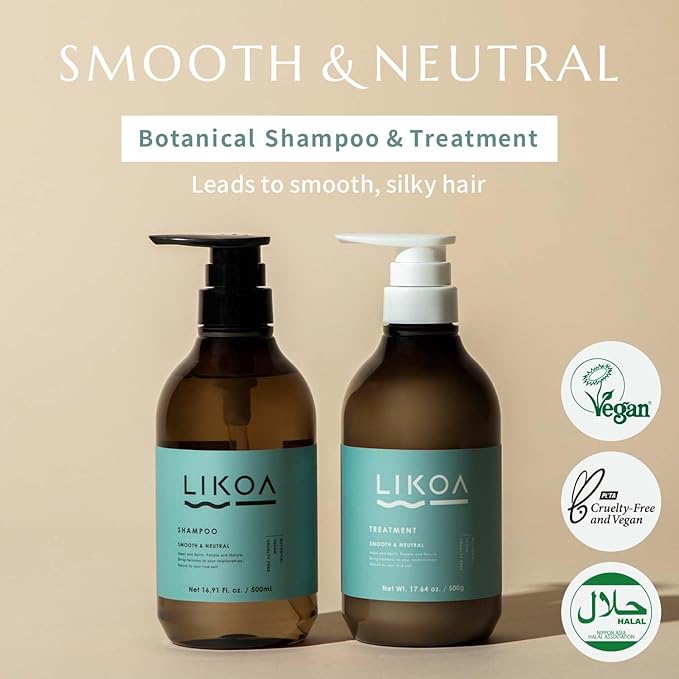 LIKOA, Smooth and Neutral Shampoo and Treatment Set, Vegan, Halal, Lightweight Moisture for Fine, Dry, or Tangle-Prone Hair, Botanical Hair Care, White Floral Scent, Made in Japan, 16.9/17.64 Fl oz