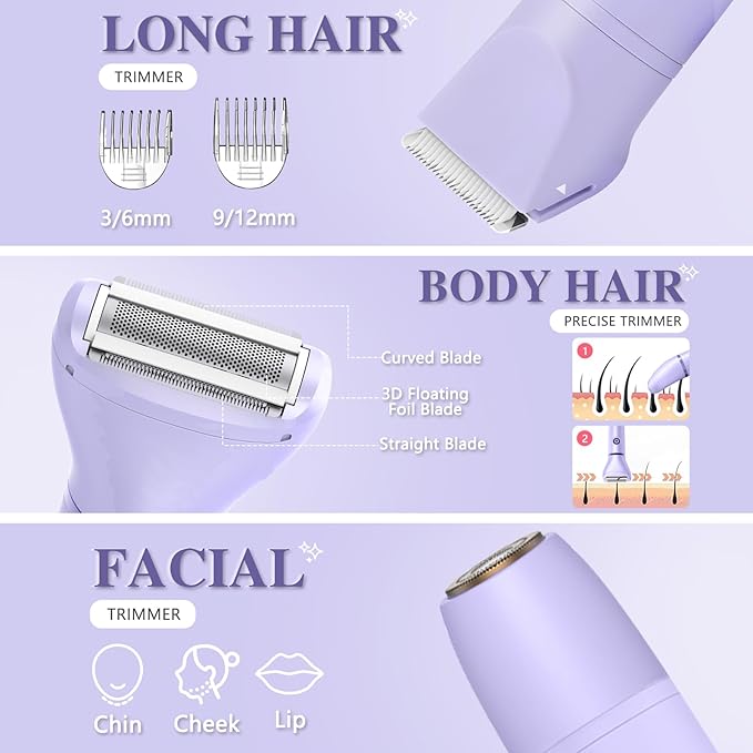 3-in-1 Bikini Trimmer for Women, IPX7 Waterproof Electric Shaver for Women-Rechargeable Electric Razors for Pubic, Facial & Body Hair Trimmer with LED Display, Travel Kit & Painless Blades (Purple)