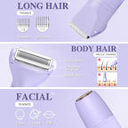 3-in-1 Bikini Trimmer for Women, IPX7 Waterproof Electric Shaver for Women-Rechargeable Electric Razors for Pubic, Facial & Body Hair Trimmer with LED Display, Travel Kit & Painless Blades (Purple)