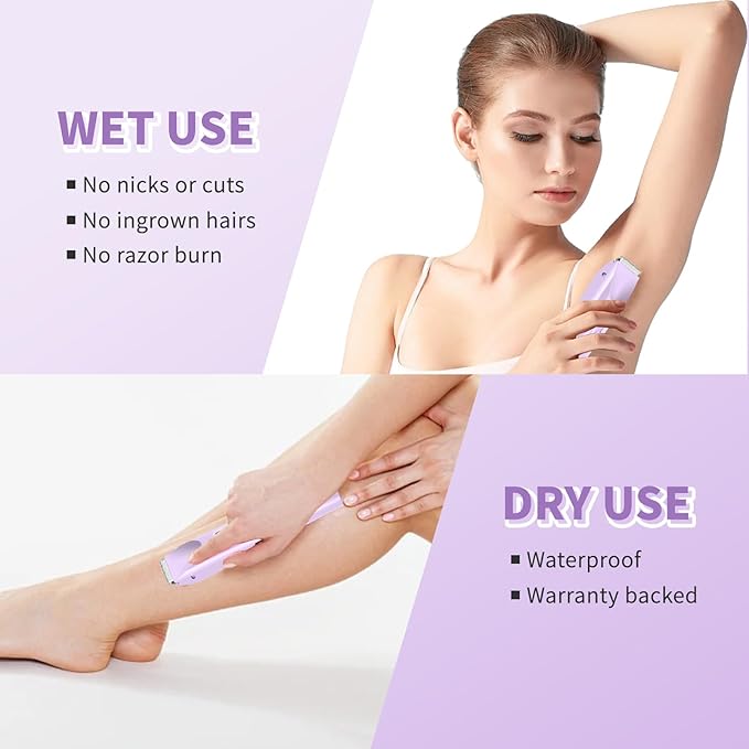 2-in-1 Bikini Trimmer & Shaver for Women, All-in-One Rechargeable Electric Razor for Body & Face, Dual Head Design for Pubic, Underarm, Leg, Chin Hair Removal, IPX7 Waterproof(Purple)