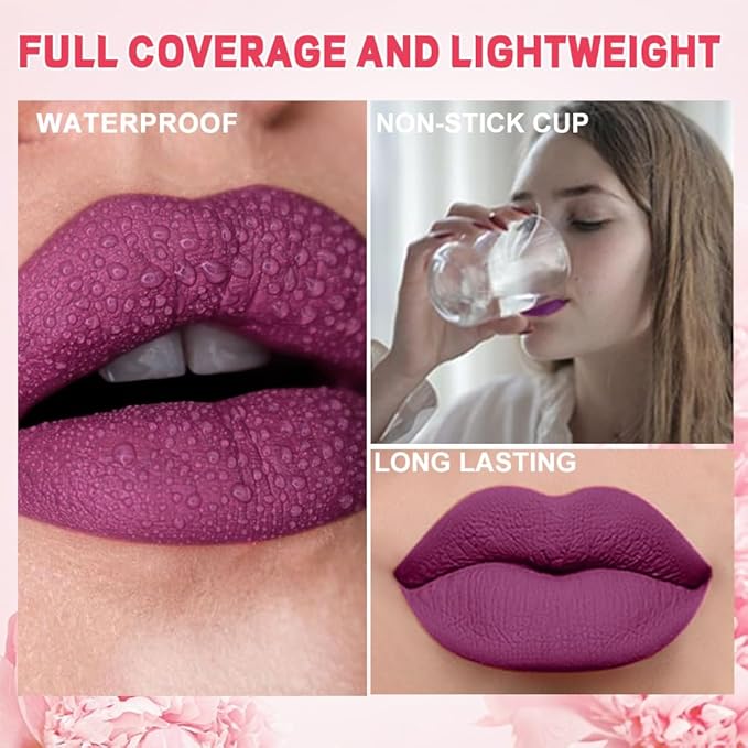 evpct 1Pcs Purple Matte Liquid Lipstick Lip Stain Sets for Women, Peony Flower Mauve Violet Pueple Matte+Lipstick Long Lasting Permanent 24 hr Hours Magic Lipstick 24 Hours original Waterproof, 06#