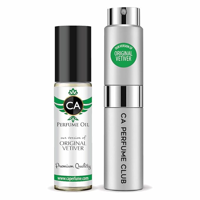 CA Perfume Duo Impression of Original Vetiver For Men Perfume Layering Set Mens Cologne Long Lasting Travel Size EDP + Body Oil Roll-On Bottle 0.27 Fl Oz+0.33 Fl Oz