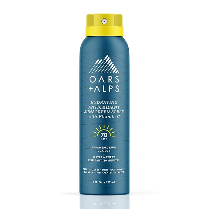 Oars + Alps Sunscreen Spray for Face & Body Spray Sunscreen Infused with Vitamin C & Antioxidants, No White Residue, Water & Sweat Resistant, All Skin Types, Lightweight, Hydrating, SPF 70, 6 Oz, 1pk