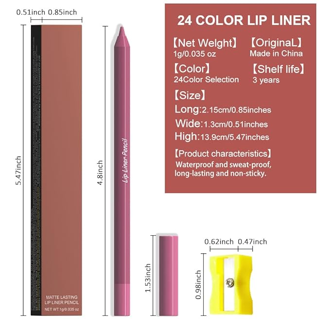 evpct 1Pcs Rose Matte Long Lasting Lip Liner Pencils Makeup for Shaping & Sculpting Lips, No Transfer Long Wear Waterproof Pigmented Lip Liner lipliners Crayon Lipstick Pencil Sharpener 11