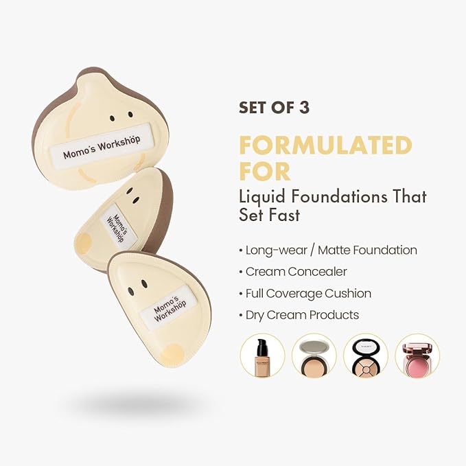 3-Pack Garlic Shape Makeup Puffs, High-Density Rubycell for Oil Control & Full Coverage, Firm PU Leather Backing for Flawless Cream Skin Finish, for Liquid & Cream Makeup & Storage Case