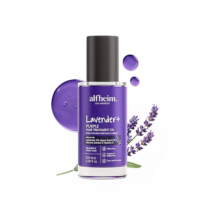 ALFHEIM Lavender+ Purple Hair Oil for Blonde, Silver & Color-Treated Hair – Anti-Brass & Frizz Control Serum – Restores Shine, Smoothness & Cool Radiance – with Grape Seed Oil – 3.38 oz / 100 ml