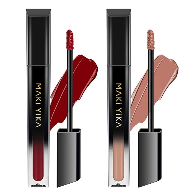 MAKI YIKA 2Pcs Matte Liquid Lipstick Set Dark Red Nude Lipstick Long Lasting Smudgeproof Transfer Proof Lip Makeup, DarkRed/LatteNude