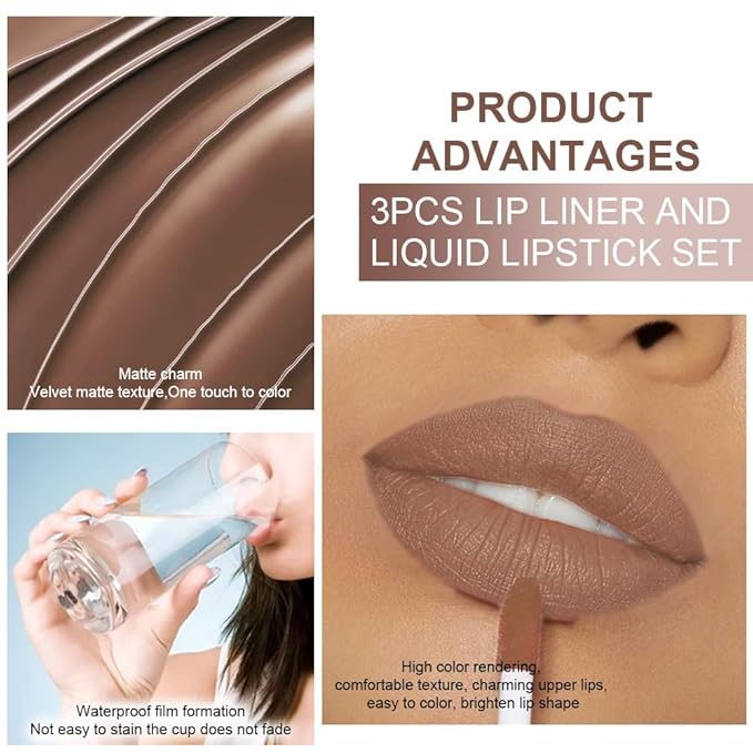 3Pcs 2 in 1 Pale Neutral True Nude Matte Lip Liner and Liquid Lipstick Stain Makeup Set for women, Long Lasting Smudge Proof Lip Tint Matte Finish Lip Gloss for All-Day Color Hold, Set30