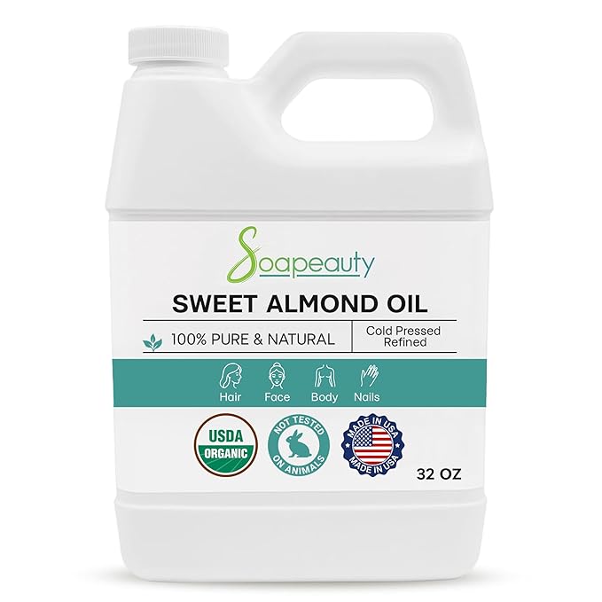 Soapeauty Sweet Almond Oil Cold Pressed Refined USDA Organic | 100% Pure & Natural Available in Bulk | Carrier for Essential Oils, Massage, Skin, Face, and Hair, Soap Making, DIY | 32 fl oz