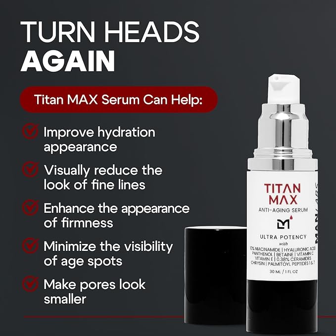 Titan MAX Anti-Aging Face Serum for Men – Ultra Potency Mens Face Moisturizer – Men, Dark Spots, Wrinkles, Fine Lines – Vitamin C & E, 10% Niacinamide, Hyaluronic Acid – Unscented