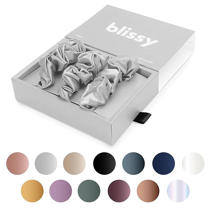 Blissy Silk Scrunchies (3 Pack) - 100% Pure Mulberry Silk - 22 Momme 6A High-Grade Fibers Scrunchie for Straight & Curly Hair - Preventing Breakage, Tangling, & Creasing (Silver Skinny)