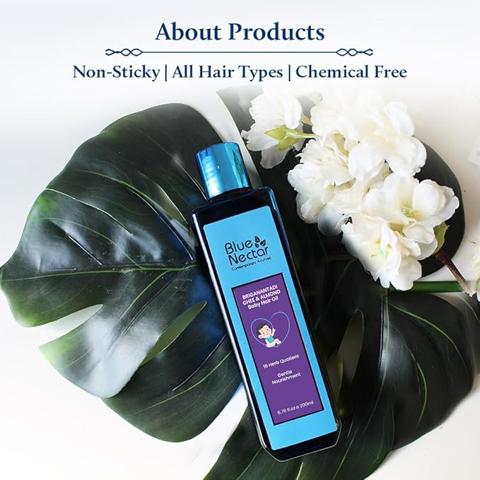 Blue Nectar Ayurvedic Baby Hair Oil with Organic Ghee, Almond Oil, Coconut Oil & Olive Oil for Hair and Scalp(18 Herbs, 3.38 Fl Oz)