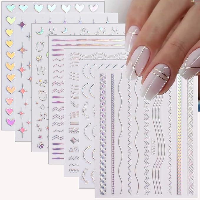 12 Sheets Aurora Nail Stickers Moon Star Nail Art Stickers Aurora Nail Decals Glitter 3D Self Adhesive Holographic Nail Design Heart Nail Art Supplies DIY Manicure Decorations for Women