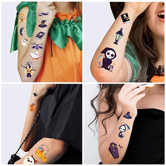 360PCS Halloween Temporary Tattoos for Kids, Halloween Face Fake Tattoo Body Stickers Decorations, Face Makeup Assorted Prizes Goody Bag Stuffers Party Favors Supplies Decor Pumpkin Witch Skull Adult