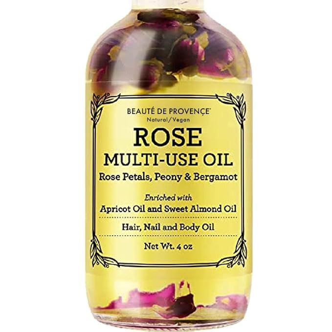 BEAUTE DE PROVENCE Multi-Use Oil for Face, Body and Hair - Organic Blend of Apricot, Vitamin E and Sweet Almond Oil Moisturizer for Dry Skin, Rose Petals, Bergamot Essential Oil - 4 Fl Oz
