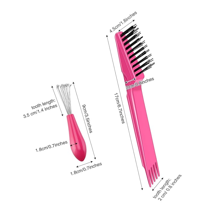 Boao 2 Pieces Hair Brush Cleaning Tool Comb Set Mini Hair Brush Dirt Remover with Metal Wire Rake for Removing Hair Dust Home and Salon Use(Pink and Pink)