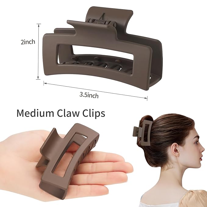 Hair Clip, 3.5 Inch Medium Square Claw Clips Rectangle Clips 6 Pack Rubber Paint Acrylic Plastic Metal, Non-Slip Design for Women Girls - Coffee
