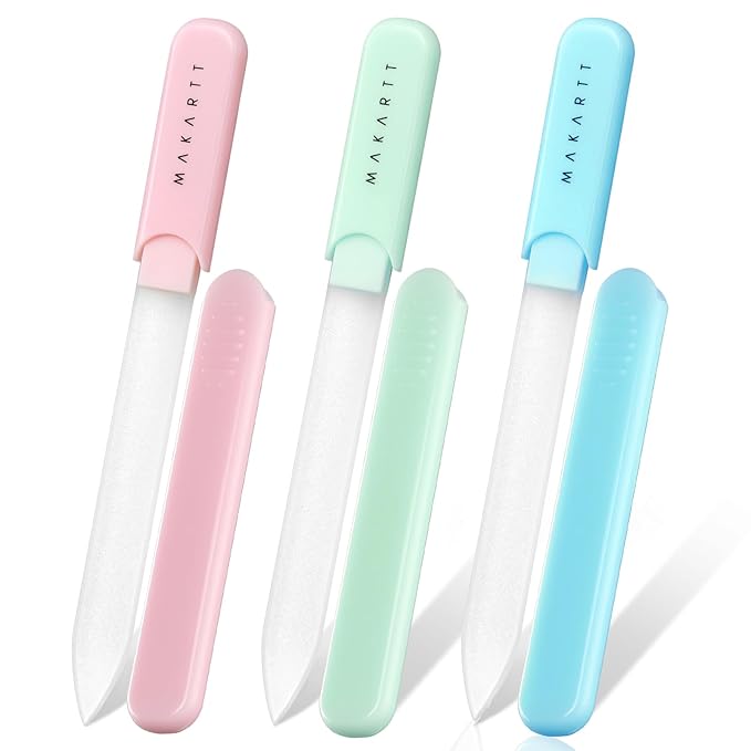 Makartt Nail Files: Glass Nail Files for Natural Nails, Double-Sided Reusable Sandblasted Fingernail Buffers with Case for Shape & Smooth Finish, Portable Manicure Gift Set, 3pcs Pink Green Blue