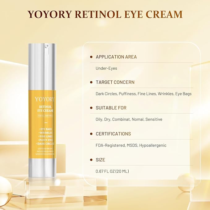 Retinol Eye Cream for Eye Bags - Rapid Under Dark Circles,Wrinkles, Fine Lines, Puffiness | Hydrating Anti-Aging Moisturizer Skin Care, Christmas gifts for Women and men 0.67 fl oz (Gold)