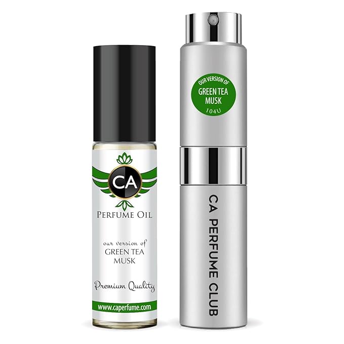 CA Perfume Duo Impression of Green Tea Musk For Women And Men Perfume Layering Set Long Lasting Travel Size EDP + Body Oil Roll-On Bottle 0.27 Fl Oz+0.33 Fl Oz