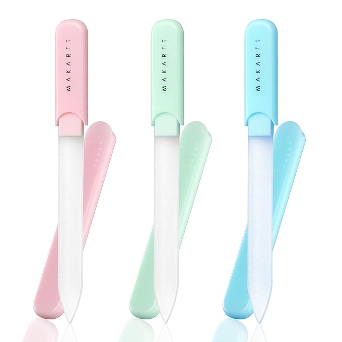 Makartt Nail Files: Glass Nail Files for Natural Nails, Double-Sided Reusable Sandblasted Fingernail Buffers with Case for Shape & Smooth Finish, Portable Manicure Gift Set, 3pcs Pink Green Blue