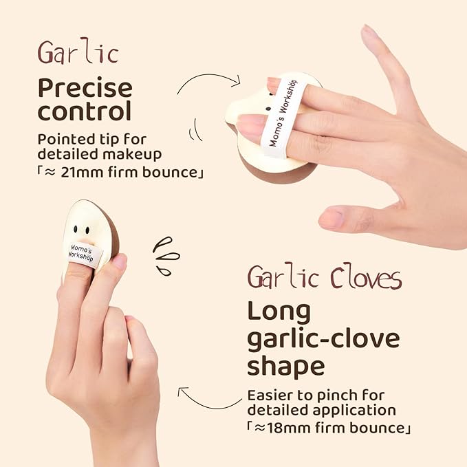 3-Pack Garlic Shape Makeup Puffs, High-Density Rubycell for Oil Control & Full Coverage, Firm PU Leather Backing for Flawless Cream Skin Finish, for Liquid & Cream Makeup & Storage Case