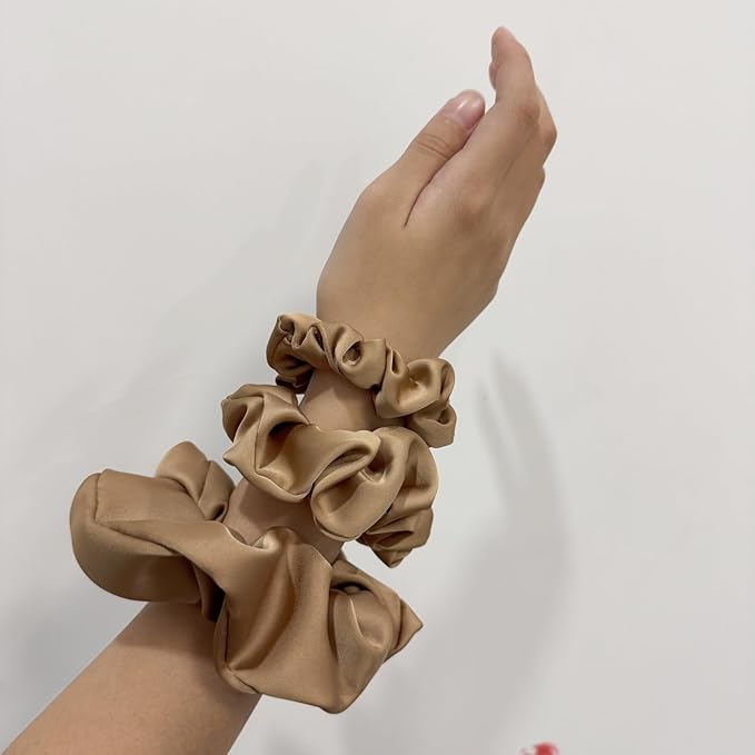 3 Pieces Satin Scrunchies Set for Hair No Crease Elastic Hair Ties for Women and Girls (Light Brown)