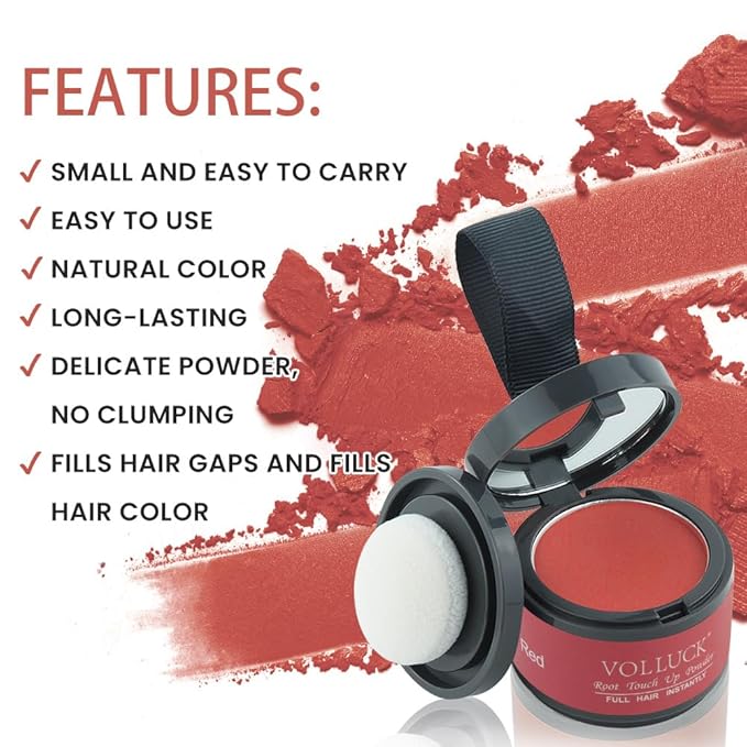 VOLLUCK Root Touch up Powder, Instant Hairline Powder for Thinning Areas and Gray Hair Coverage, Natural and Non-greasy Root Cover up for Women and Men (Red, 0.14 Ounce)