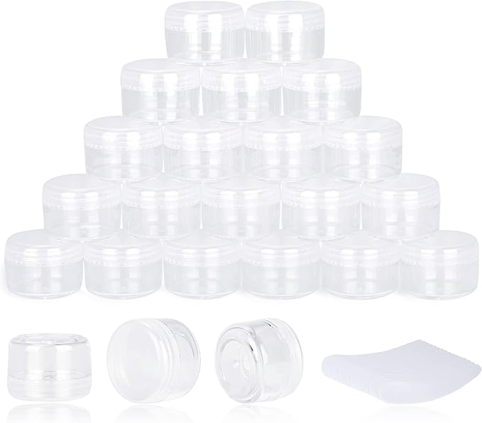 200PCS 5 Gram Sample Containers, 5ml Empty Jars with Lids, Small Cosmetic Containers, Mini Sample Jars with 16PCS Mini Spatulas for Make Up, Oils, Lotion, Powder, Paint, Jewelry, Lip Balms(Clear Lid)