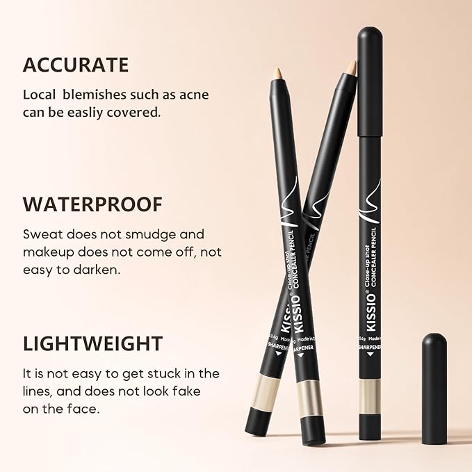 KISSIO Concealer Pencil,Under Eye Concealer,Cover Acne and Freckles,Brightener,Waterproof,Long-lasting,Cream,Makeup Pencil with Sharpener,02 NATURAL