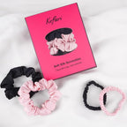 4Pcs Satin Silk Scrunchies for Women, Satin Hair Ties No Damage 2 Big & 2 Small, Soft Non-Slip Scrunchie (Fashion Black & Pink)