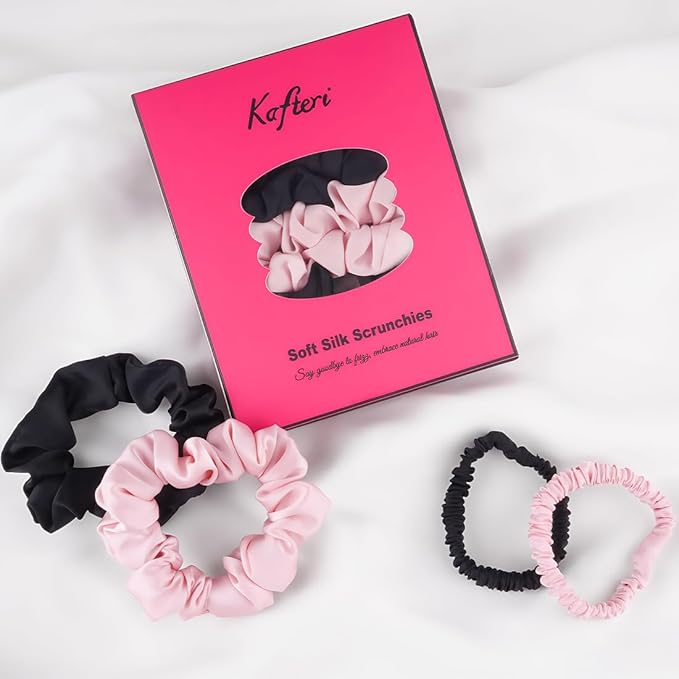 4Pcs Satin Silk Scrunchies for Women, Satin Hair Ties No Damage 2 Big & 2 Small, Soft Non-Slip Scrunchie (Fashion Black & Pink)