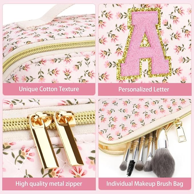 Personalized Travel Makeup Bag Set,Initial Travel Cute Floral Makeup Organizer Bag,Toiletry Skincare Cosmetic Bag,Valentine’s Day Gifts for Women/Girls,Open Flat Toiletry Pouch with Brush Pocket-S