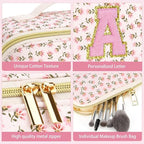 Personalized Travel Makeup Bag Set,Initial Travel Cute Floral Makeup Organizer Bag,Toiletry Skincare Cosmetic Bag,Valentine’s Day Gifts for Women/Girls,Open Flat Toiletry Pouch with Brush Pocket-S