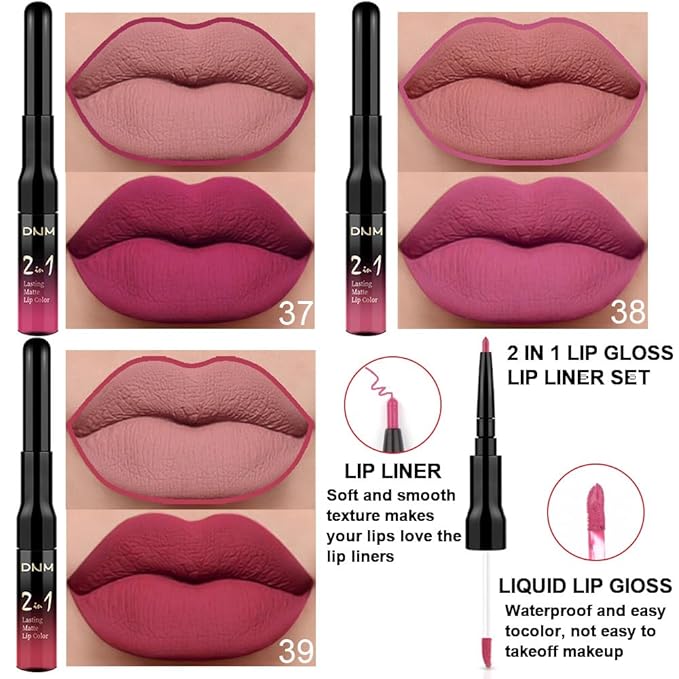 3Pcs 2 in 1 Rose Red Plum Warm Pink Deep Cranberry Lip Liner and Liquid Lipstick Stain Makeup Set for women, Long Lasting Smudge Proof Lip Tint Matte Finish Lip Gloss for All-Day Color Hold , Set14