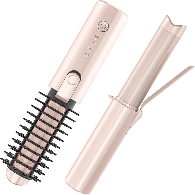 Youbella Cordless Hair Curling Iron Brush, Portable Travel Hair Curler, Mini 1.5″ Heated Round Brush, 3-in-1 USB Rechargeable Straightening Wand for Styling & Smoothing, 200 Million Ionic Care, Pink
