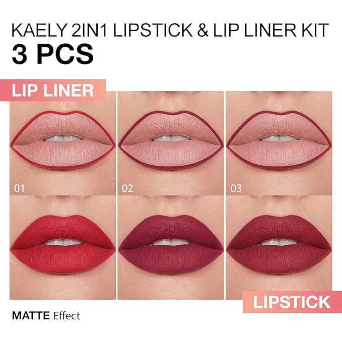 evpct 3Pcs Ruby Dark Wine Red Gradient Matte Lipstick Lip Liner Crayon Combo Pencil Set for Women Long Lasting Waterproof, Cream Lip Liner and Lipstick Combo Makeup，Flawless Gradual Ombre Effect