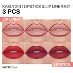 evpct 3Pcs Ruby Dark Wine Red Gradient Matte Lipstick Lip Liner Crayon Combo Pencil Set for Women Long Lasting Waterproof, Cream Lip Liner and Lipstick Combo Makeup，Flawless Gradual Ombre Effect