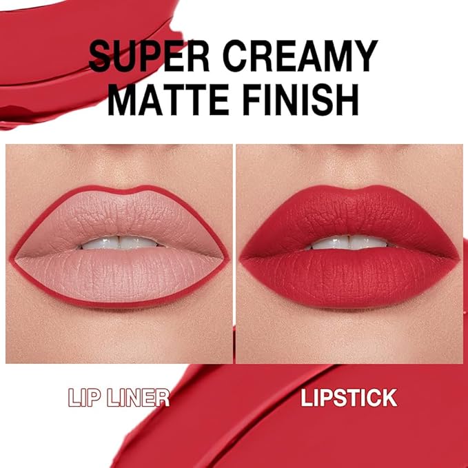 evpct Fire Red Gradient Matte Lipstick Lip Liner Crayon Combo Pencil Set for Women Long Lasting Waterproof, Red Matte Cream Lip Liner and Lipstick Combo Makeup Set, Flawless Gradual Ombre Effect