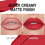 evpct Fire Red Gradient Matte Lipstick Lip Liner Crayon Combo Pencil Set for Women Long Lasting Waterproof, Red Matte Cream Lip Liner and Lipstick Combo Makeup Set, Flawless Gradual Ombre Effect