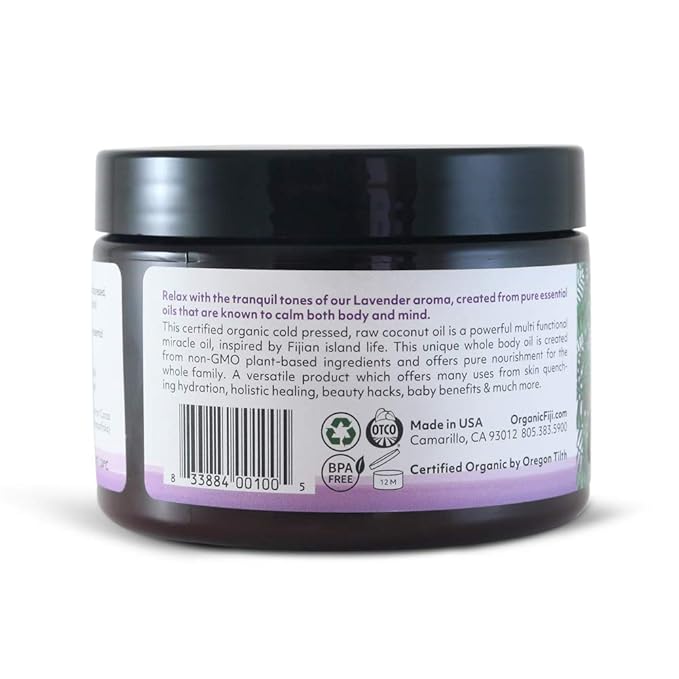 Organic Fiji Raw Cold Pressed Coconut Oil for Hair, Skin, Face & Body | Relaxing Massage Oil | Lavender,12 oz for Women Men & Baby