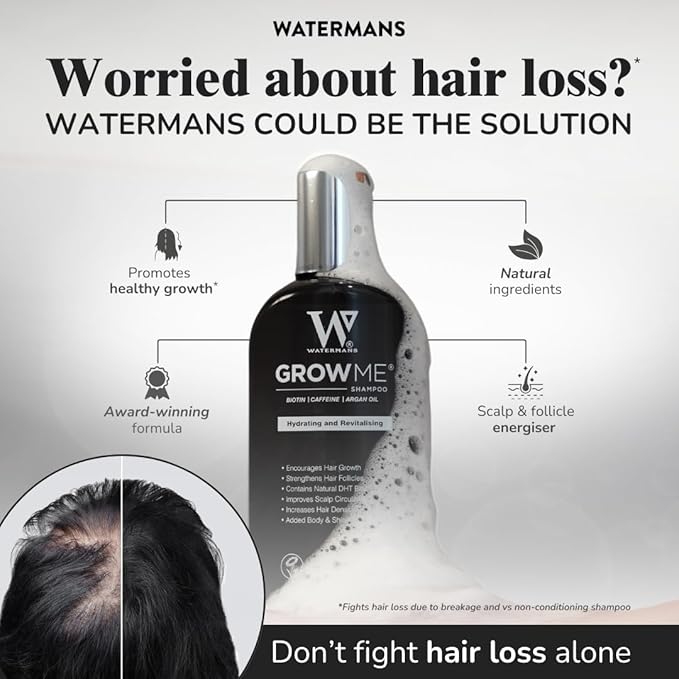 Watermans Grow Me Organic Hair Growth Shampoo for Men & Women – Strengthening & Moisturizing with Biotin, Rosemary, Caffeine & Argan Oil for Fuller, Thicker-Looking Hair (8.45 fl oz)