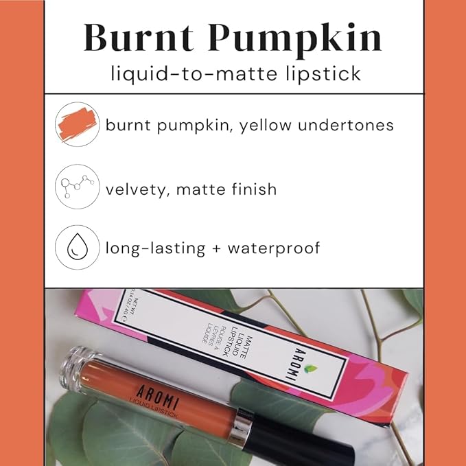 Aromi Matte Liquid Lipstick | Long-Lasting, Waterproof, Smear, Smudge + Transfer Proof, Nutmeg Orange Lip Color, Paraben, Phthalate, + Gluten Free (Burnt Pumpkin)