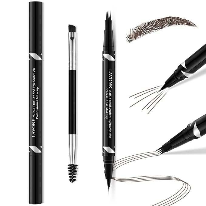 LAVONE Eyebrow Pen,2-IN-1 Dual-ended Waterproof Eyebrow Pencil,with 4 Tip Microblading Eyebrow Pen and Ultra-Precise Brow Pencil,Dual-ended Eyebrow Brush,for Natural Looking - Black Brown