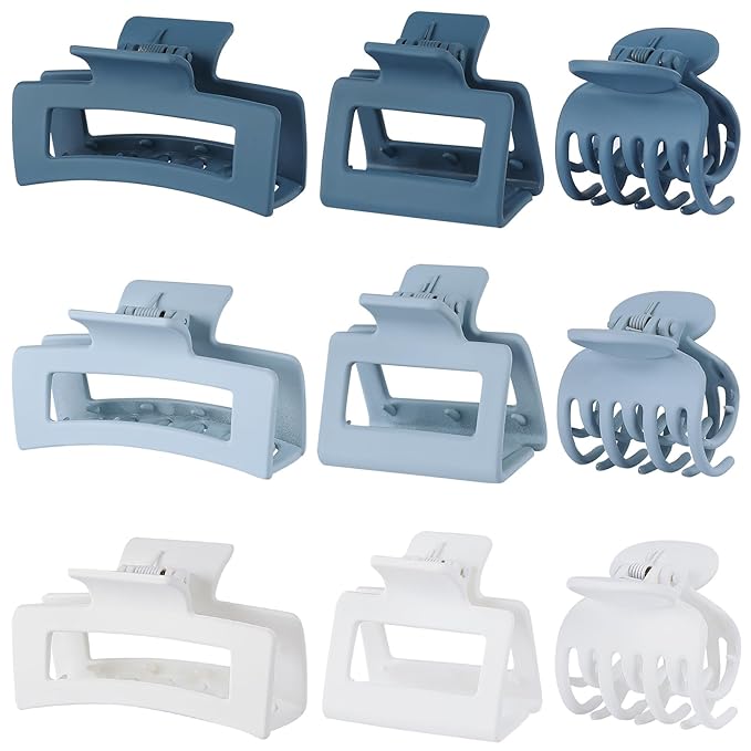 3 Style Blue Hair Claw Clips Set - 9 pcs Medium Rectangle and Square Clips for Thick and Thin Hair Women's Accessories