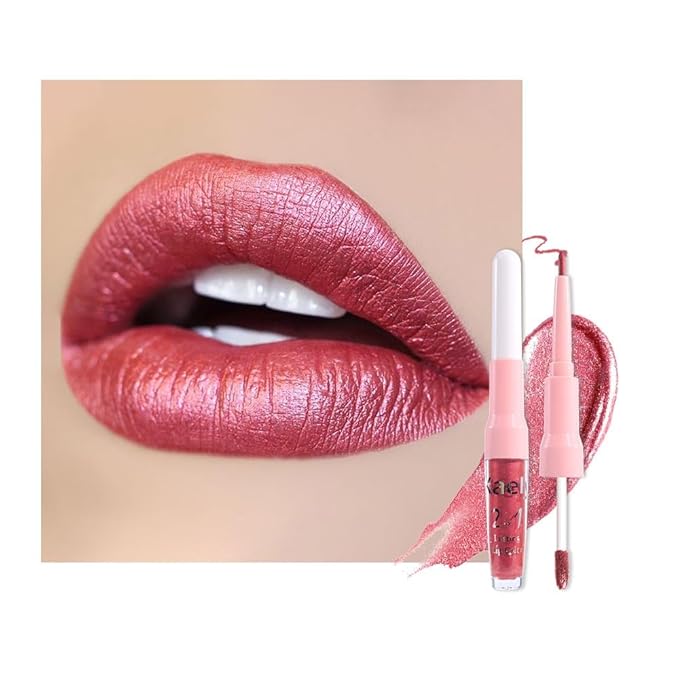 evpct Mauve Red Metallic Glitter Lip Liner and Lipstick Combo Lip Gloss Stain Set Makeup for Women Long Lasting Waterproof 24, Red Metallic Shimmer Frosted Iridescent Glossy Liquid Lipstick 13