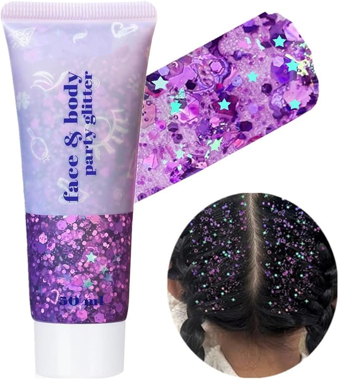 Go Ho Light Purple Face Body Glitter - Party Flash Festival Rave Outfits for Women&Kids,Holographic Glitter Face Paint,Halloween Mermaid Fairy Makeup Chunky Sequins Gel,Rave Pride Accessories